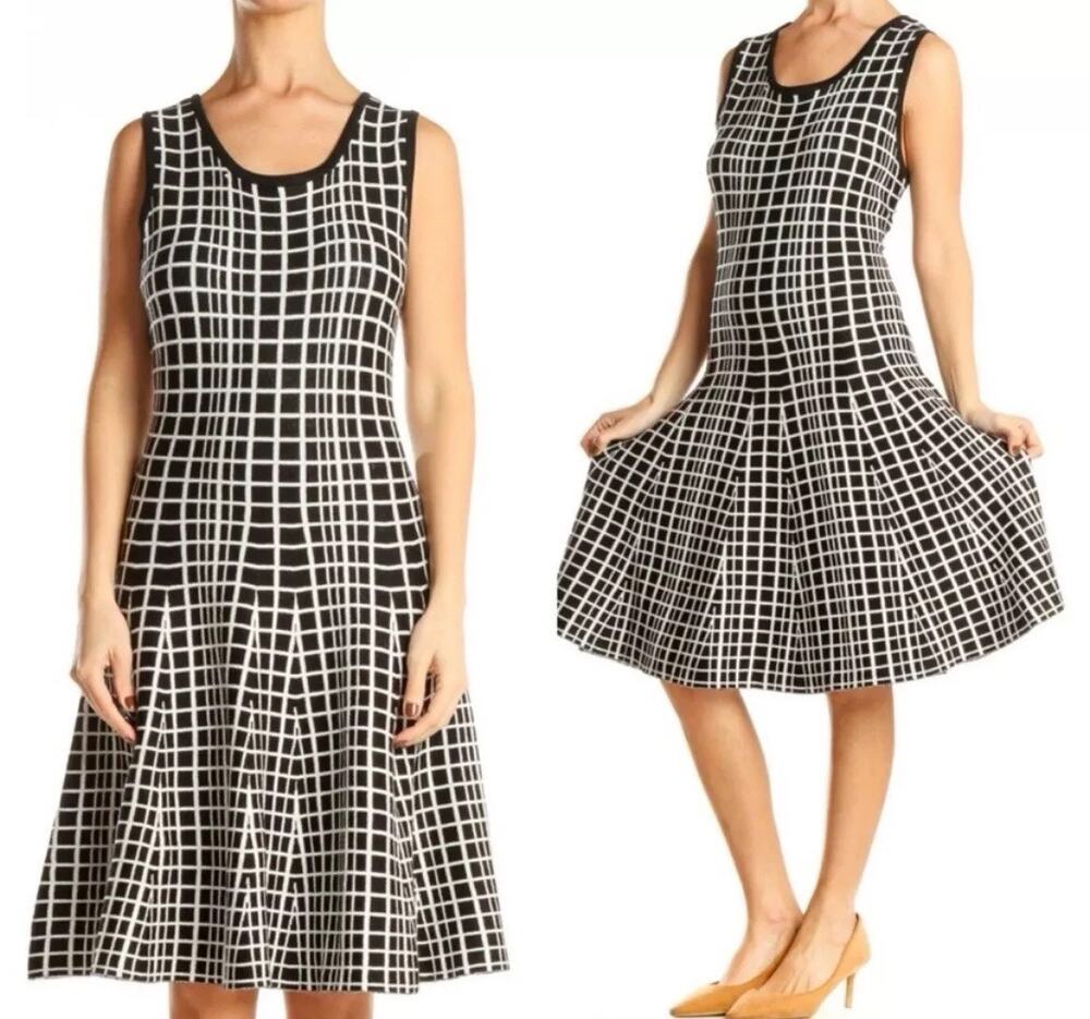 Molly Bracken T2 Black White Windowpane Check Fit & Flare Sweater Knit Dress